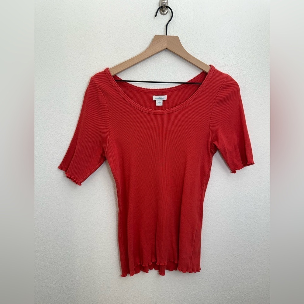 Sundance Red Ribbed Fitted Short Sleeve Large